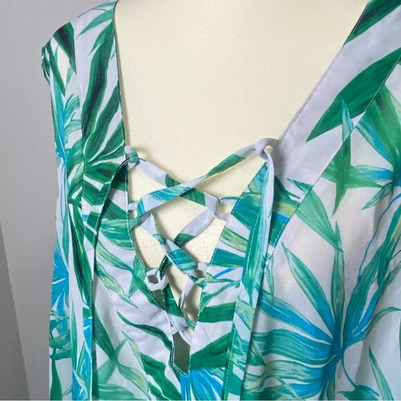 Portcruz Sheer White & Green Tropical Print Lace Up Cover Up Women's Size 2X - Picture 3 of 16